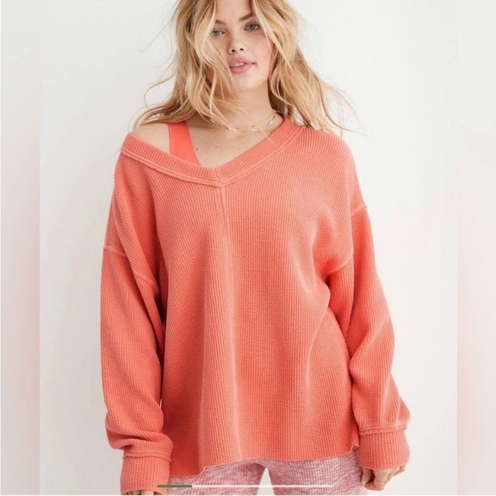 Aerie Wonder Textured V Neck Oversized Sweatshirt Saturn Peach Top Coral Orange